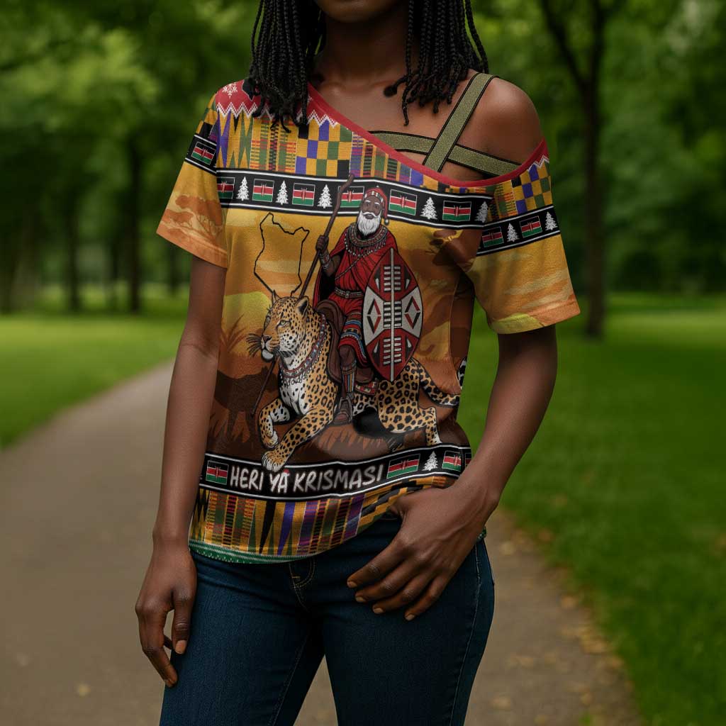 Kenya Safari Christmas Cross Shoulder Shirt Black Santa Riding Leopards - Heri ya Krismasi