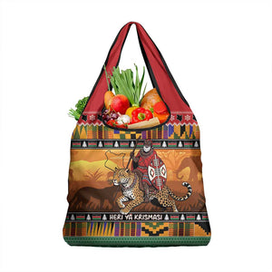 Afro Christmas in Kenya Safari Grocery Bag Black Santa Riding Leopards - African Pride