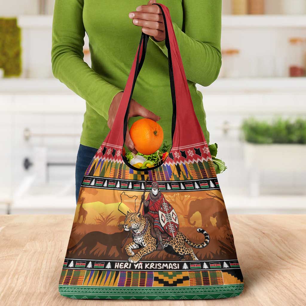 Afro Christmas in Kenya Safari Grocery Bag Black Santa Riding Leopards - African Pride