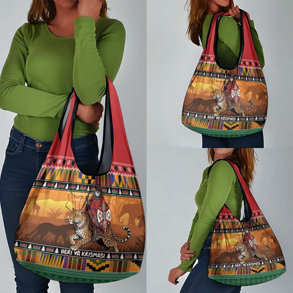 Afro Christmas in Kenya Safari Grocery Bag Black Santa Riding Leopards - African Pride