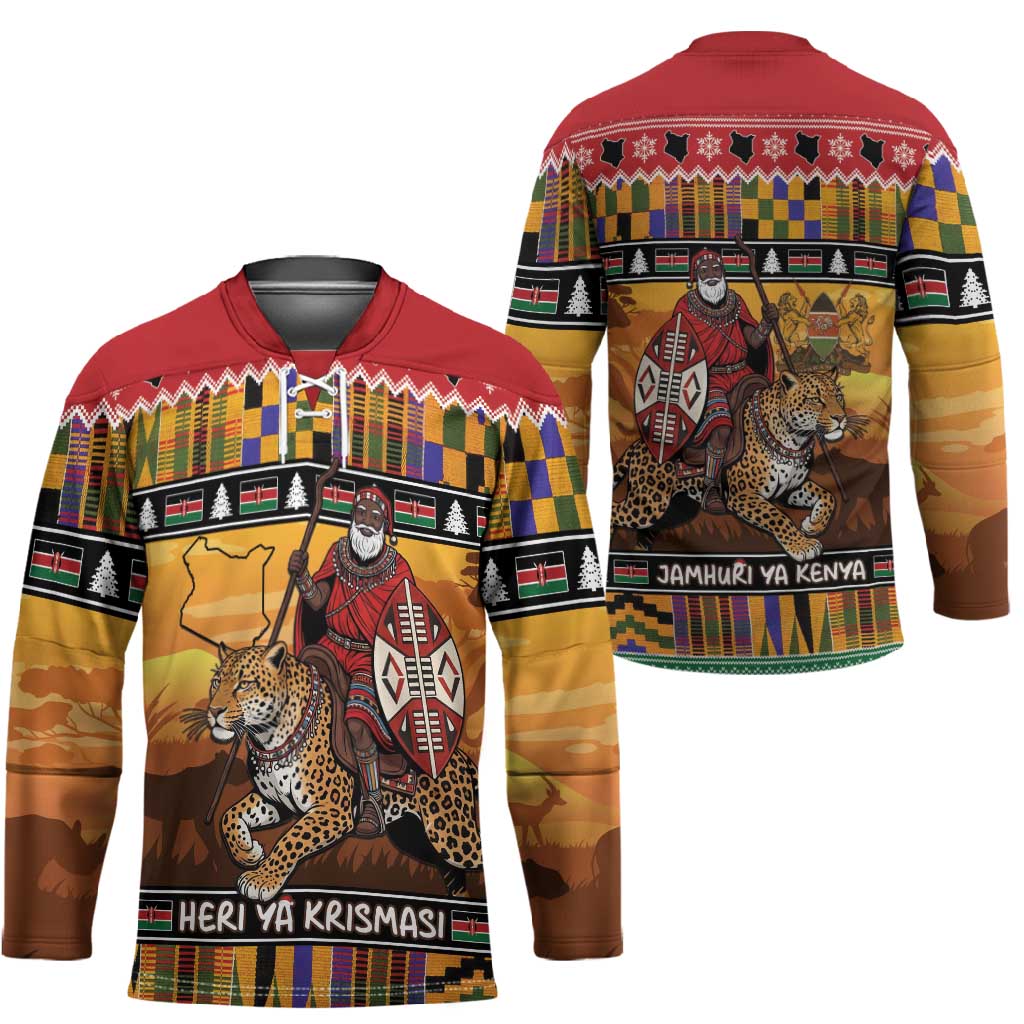 Kenya Safari Christmas Hockey Jersey Black Santa Riding Leopards - Heri ya Krismasi
