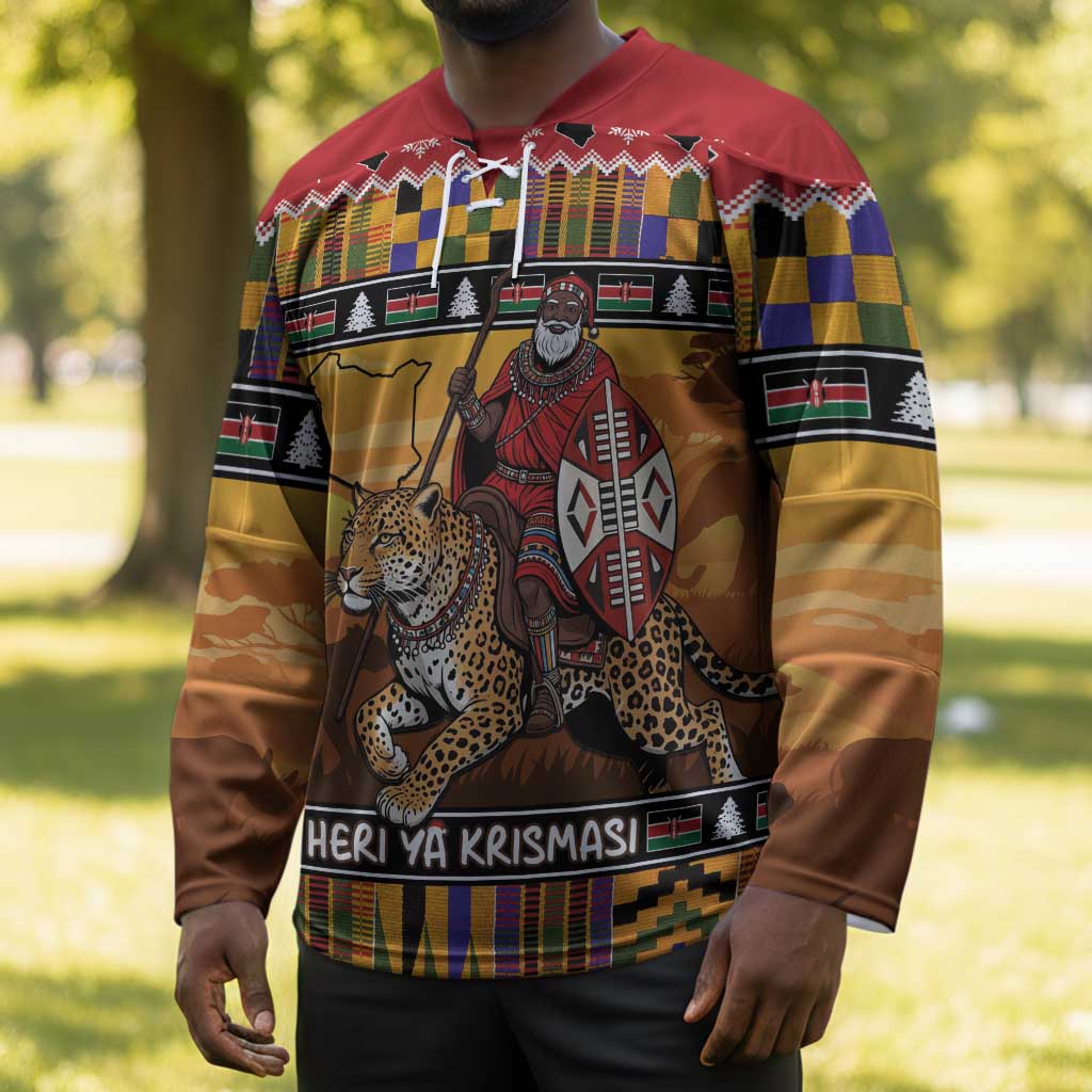 Kenya Safari Christmas Hockey Jersey Black Santa Riding Leopards - Heri ya Krismasi