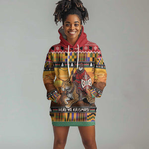 Afro Christmas in Kenya Safari Hoodie Dress Black Santa Riding Leopards - African Pride
