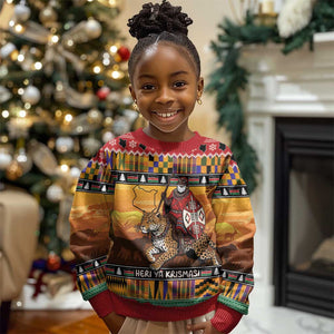 Afro Christmas in Kenya Safari Kid Ugly Christmas Sweater Black Santa Riding Leopards - African Pride