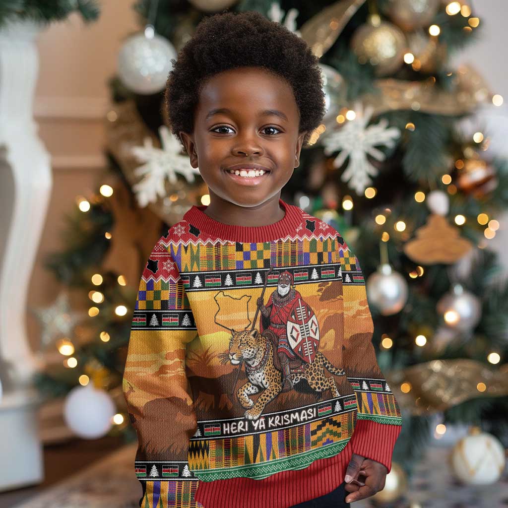 Afro Christmas in Kenya Safari Kid Ugly Christmas Sweater Black Santa Riding Leopards - African Pride