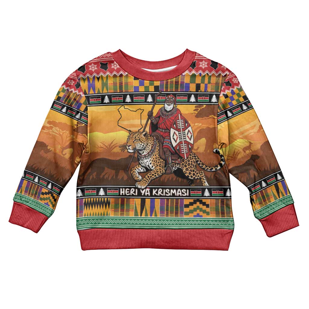 Afro Christmas in Kenya Safari Kid Ugly Christmas Sweater Black Santa Riding Leopards - African Pride
