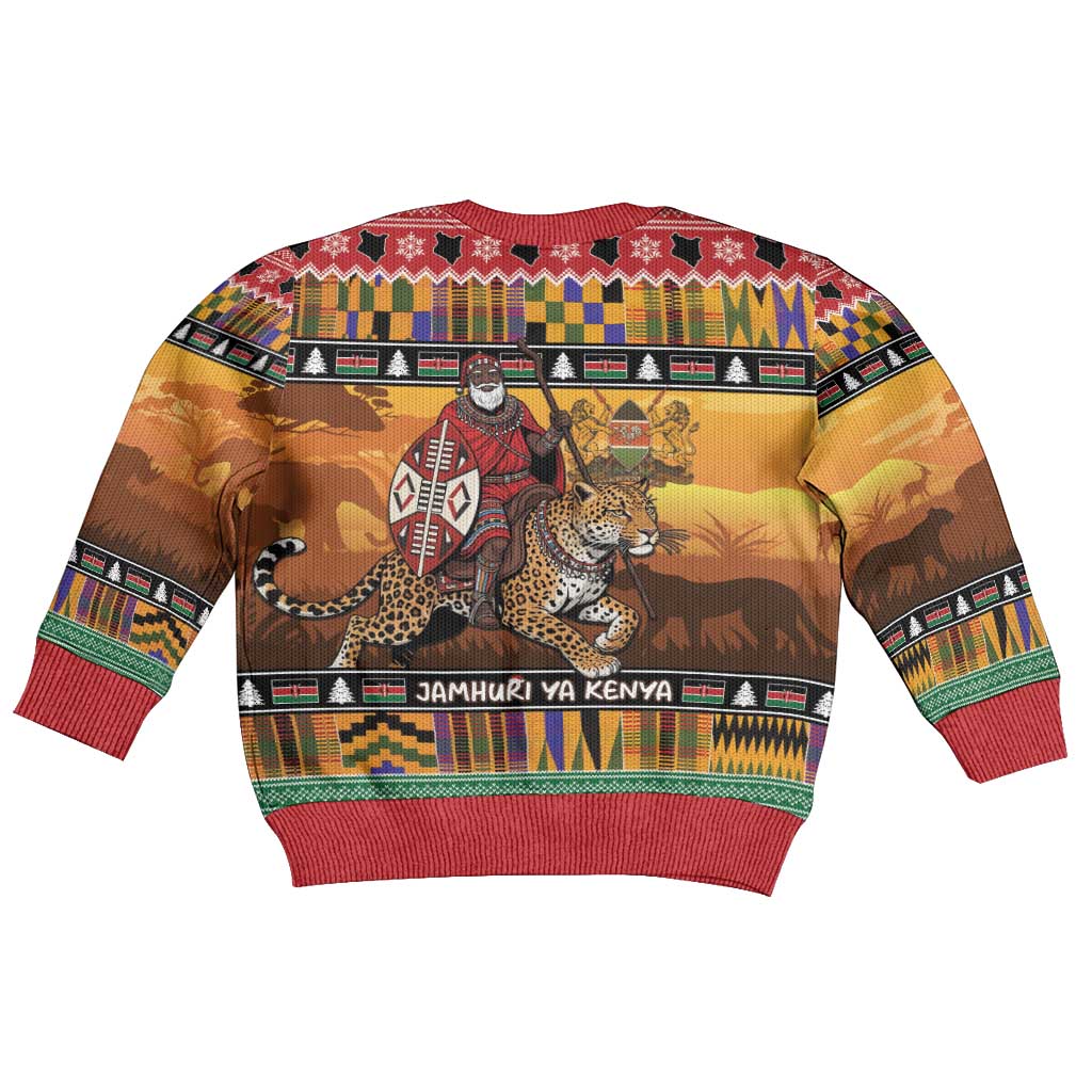 Afro Christmas in Kenya Safari Kid Ugly Christmas Sweater Black Santa Riding Leopards - African Pride