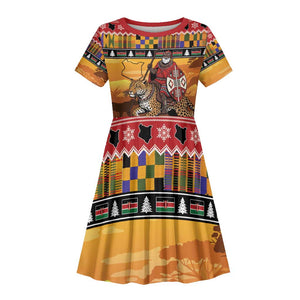 Afro Christmas in Kenya Safari Kid Short Sleeve Dress Black Santa Riding Leopards - African Pride