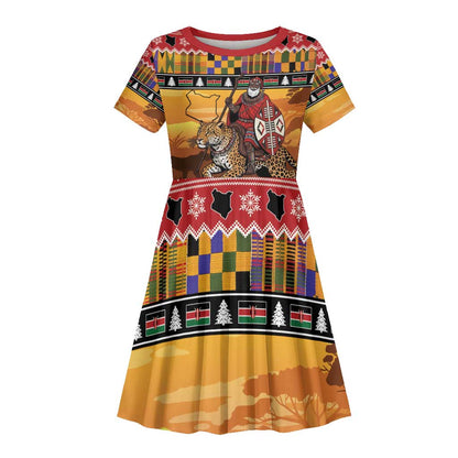 Afro Christmas in Kenya Safari Kid Short Sleeve Dress Black Santa Riding Leopards - African Pride