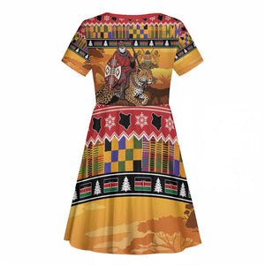 Afro Christmas in Kenya Safari Kid Short Sleeve Dress Black Santa Riding Leopards - African Pride