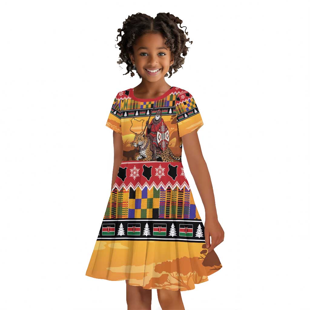 Afro Christmas in Kenya Safari Kid Short Sleeve Dress Black Santa Riding Leopards - African Pride