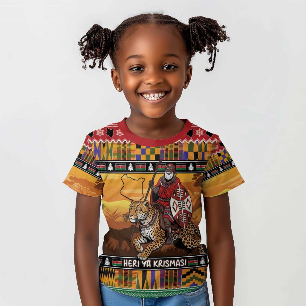 Afro Christmas in Kenya Safari Kid T shirt Black Santa Riding Leopards - African Pride