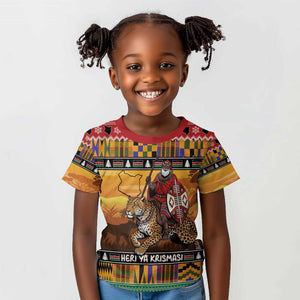 Afro Christmas in Kenya Safari Kid T shirt Black Santa Riding Leopards - African Pride