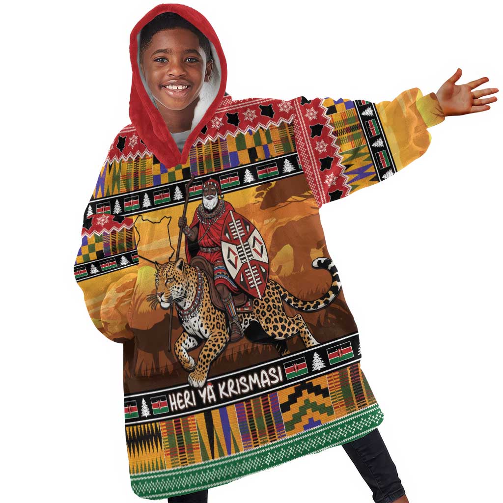 Afro Christmas in Kenya Safari Kid Wearable Blanket Hoodie Black Santa Riding Leopards - African Pride