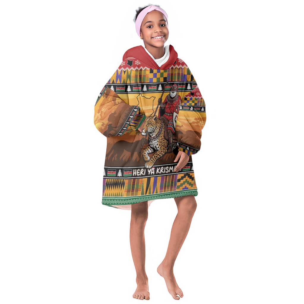 Afro Christmas in Kenya Safari Kid Wearable Blanket Hoodie Black Santa Riding Leopards - African Pride