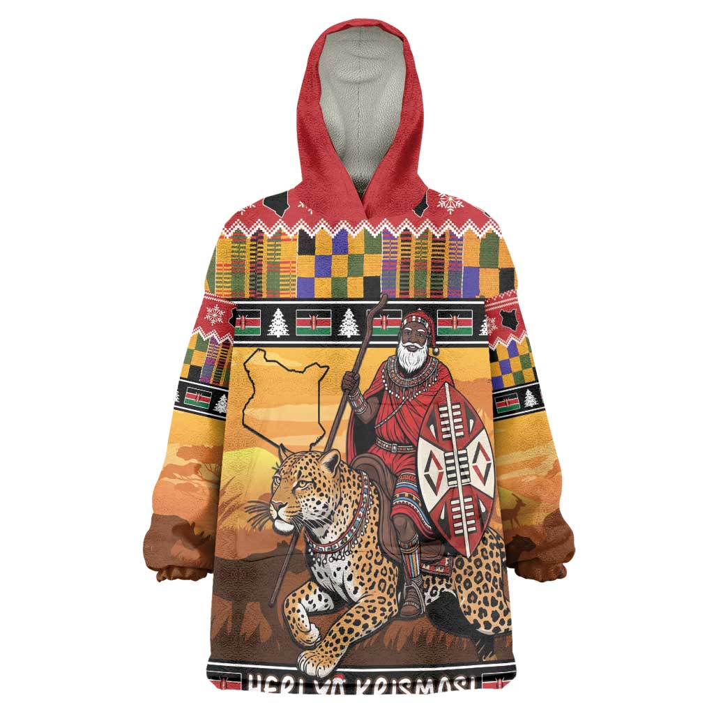 Afro Christmas in Kenya Safari Kid Wearable Blanket Hoodie Black Santa Riding Leopards - African Pride