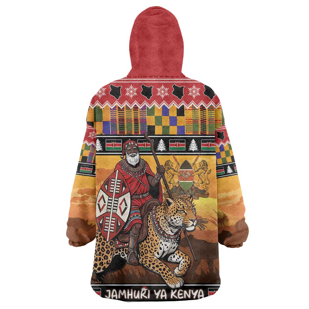 Afro Christmas in Kenya Safari Kid Wearable Blanket Hoodie Black Santa Riding Leopards - African Pride