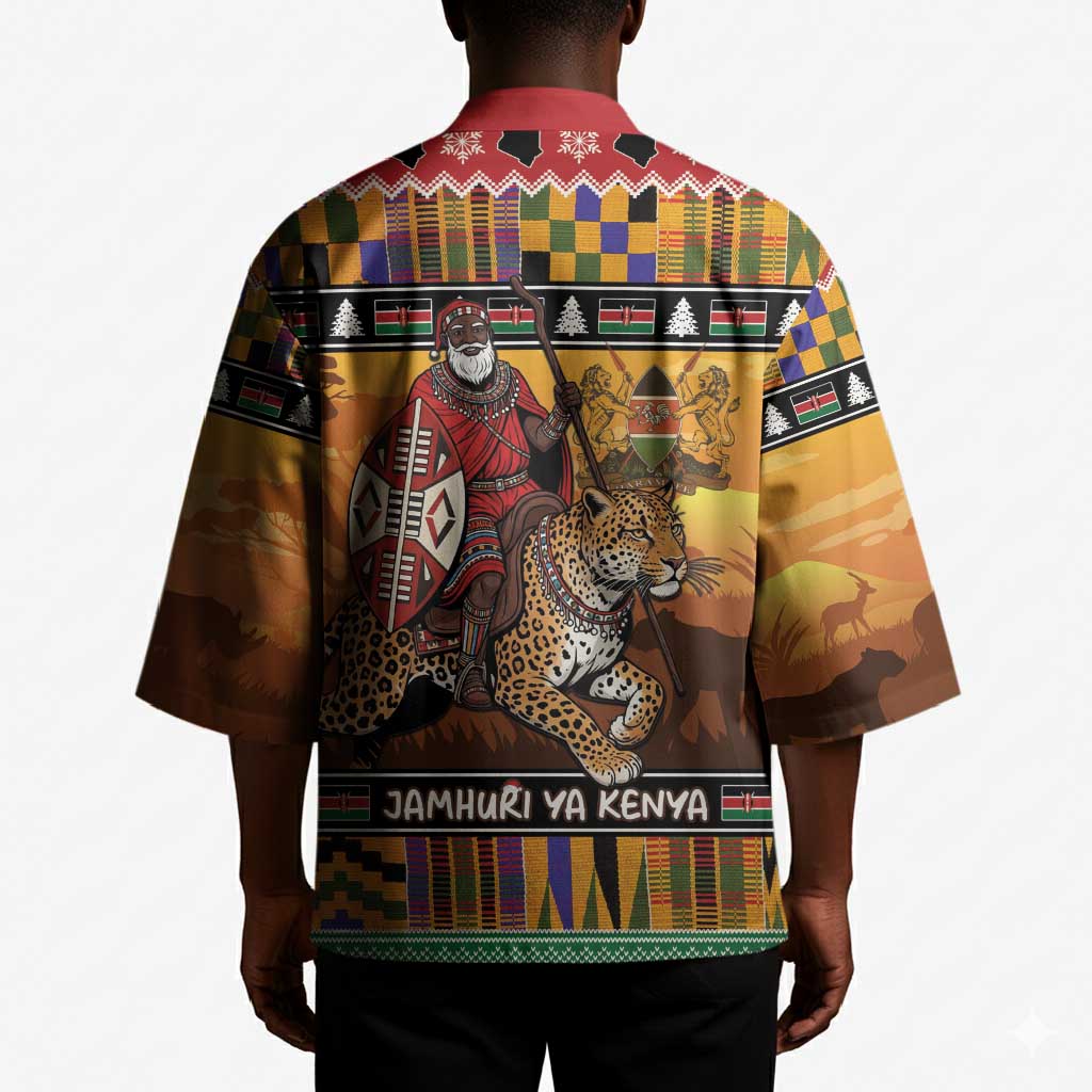 Kenya Safari Christmas Kimono Black Santa Riding Leopards - Heri ya Krismasi