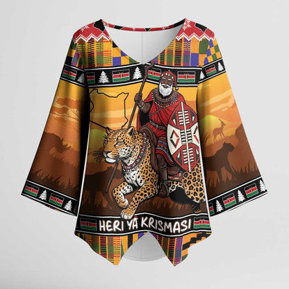 Kenya Safari Christmas Kimono Sleeve Blouse Black Santa Riding Leopards - Heri ya Krismasi