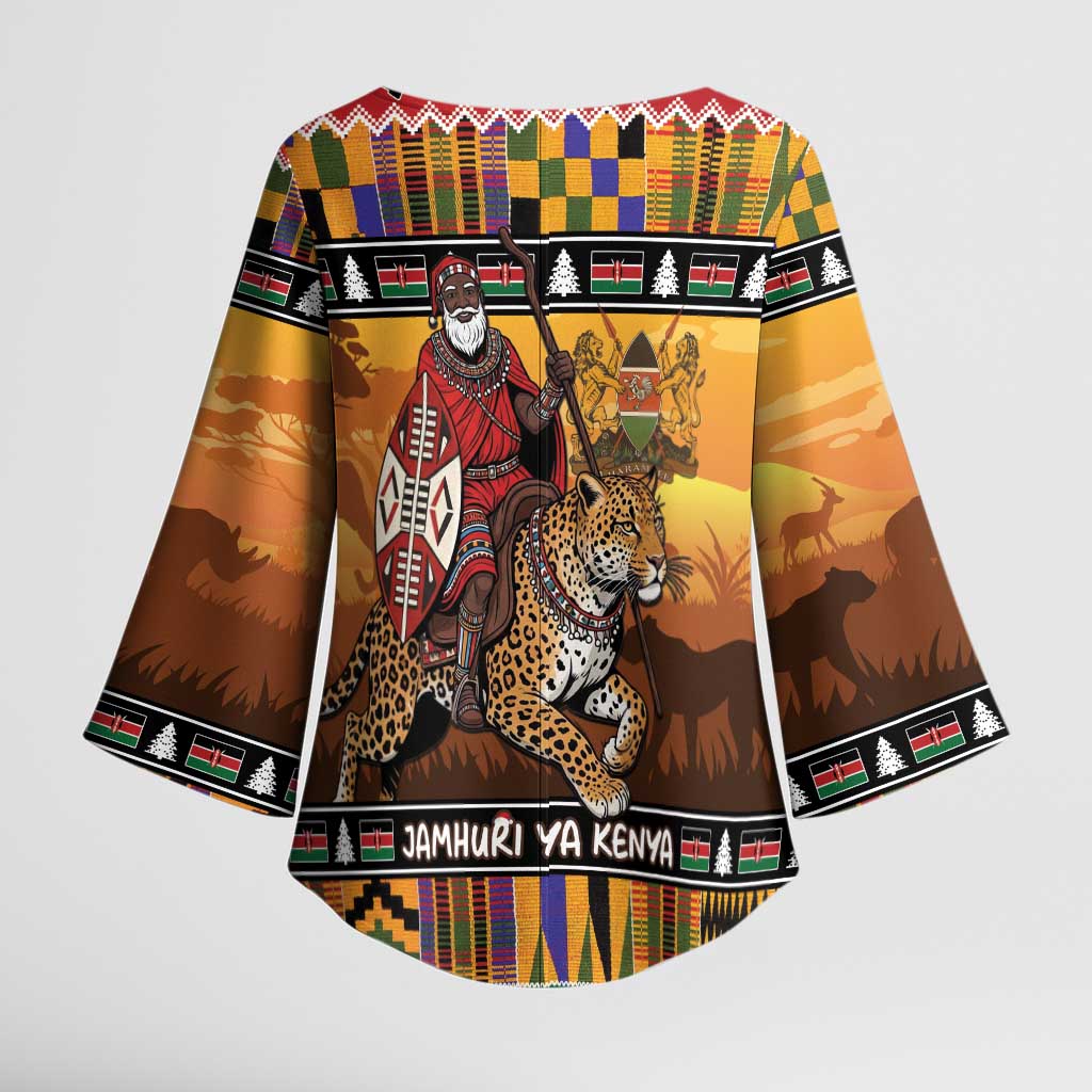Kenya Safari Christmas Kimono Sleeve Blouse Black Santa Riding Leopards - Heri ya Krismasi