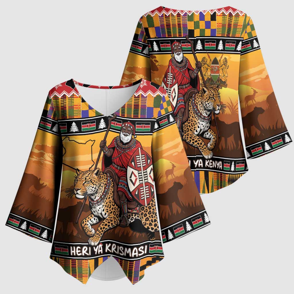 Kenya Safari Christmas Kimono Sleeve Blouse Black Santa Riding Leopards - Heri ya Krismasi