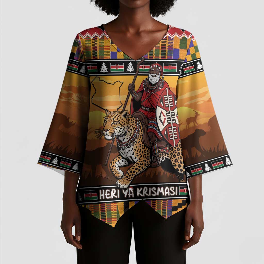 Kenya Safari Christmas Kimono Sleeve Blouse Black Santa Riding Leopards - Heri ya Krismasi