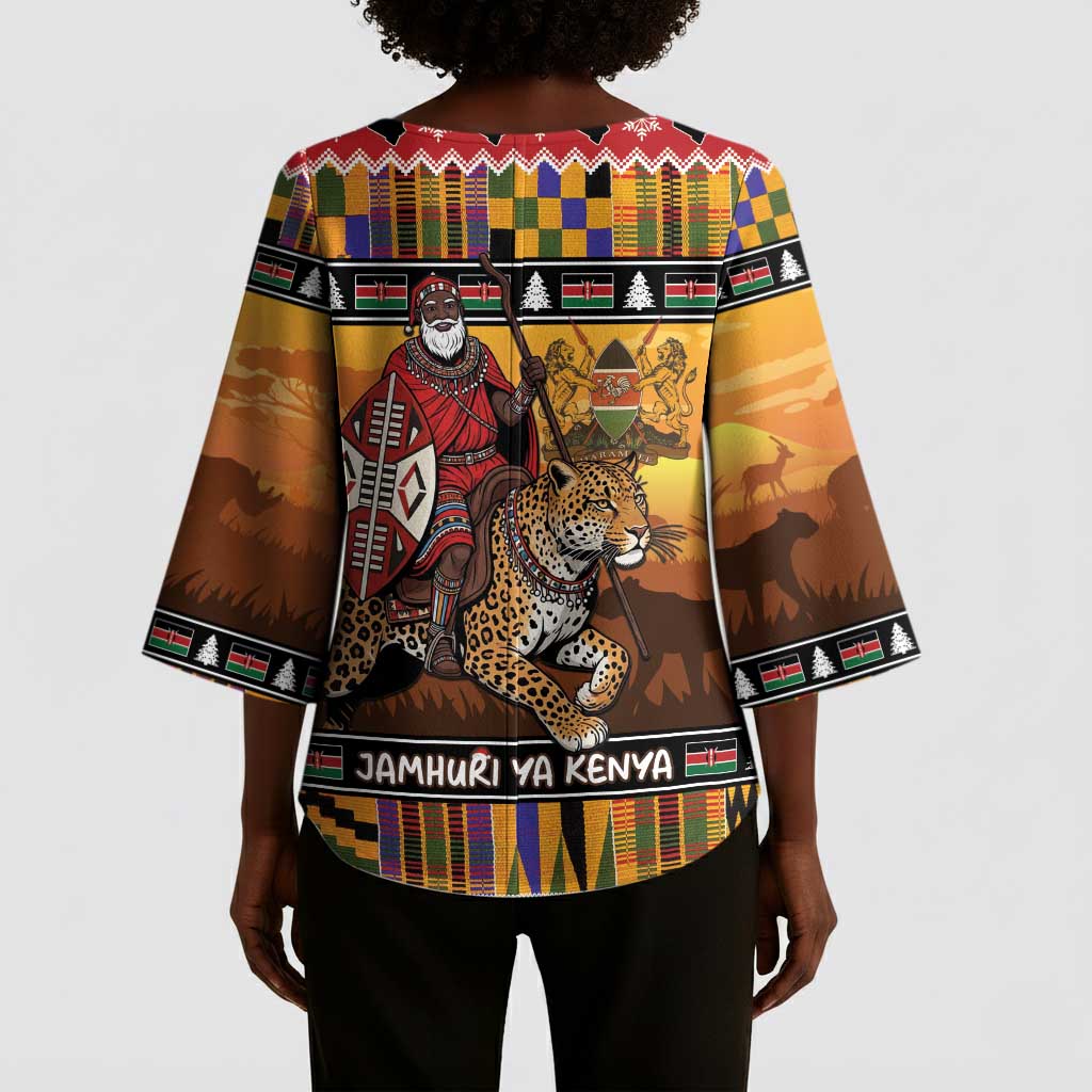 Kenya Safari Christmas Kimono Sleeve Blouse Black Santa Riding Leopards - Heri ya Krismasi