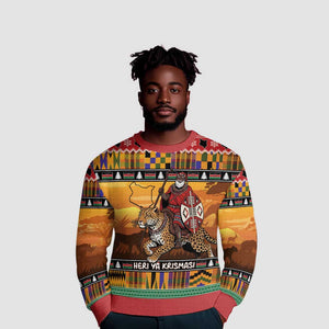 Afro Christmas in Kenya Safari Ugly Christmas Sweater Black Santa Riding Leopards - African Pride