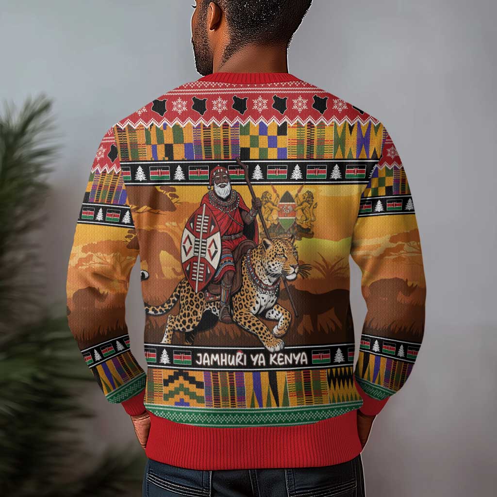 Afro Christmas in Kenya Safari Ugly Christmas Sweater Black Santa Riding Leopards - African Pride