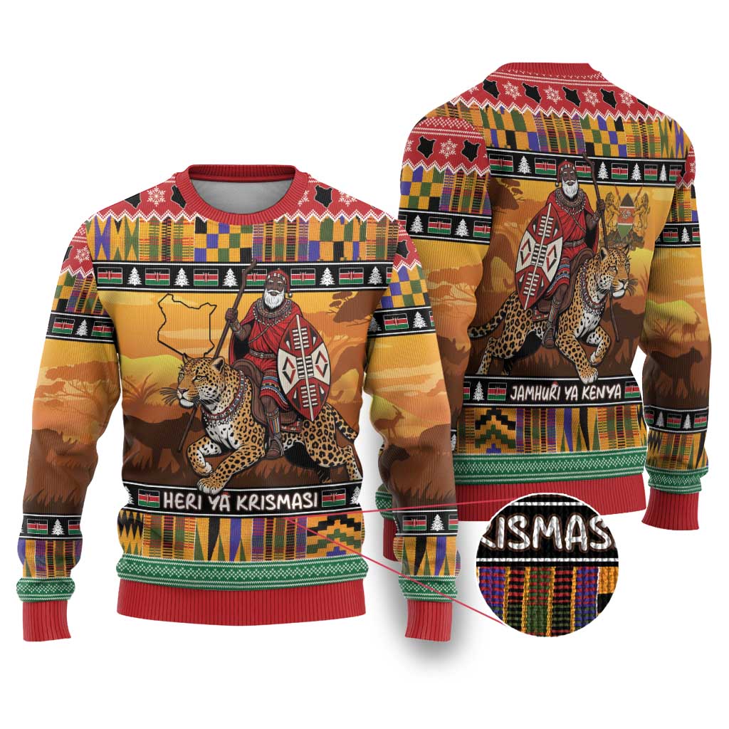 Afro Christmas in Kenya Safari Ugly Christmas Sweater Black Santa Riding Leopards - African Pride
