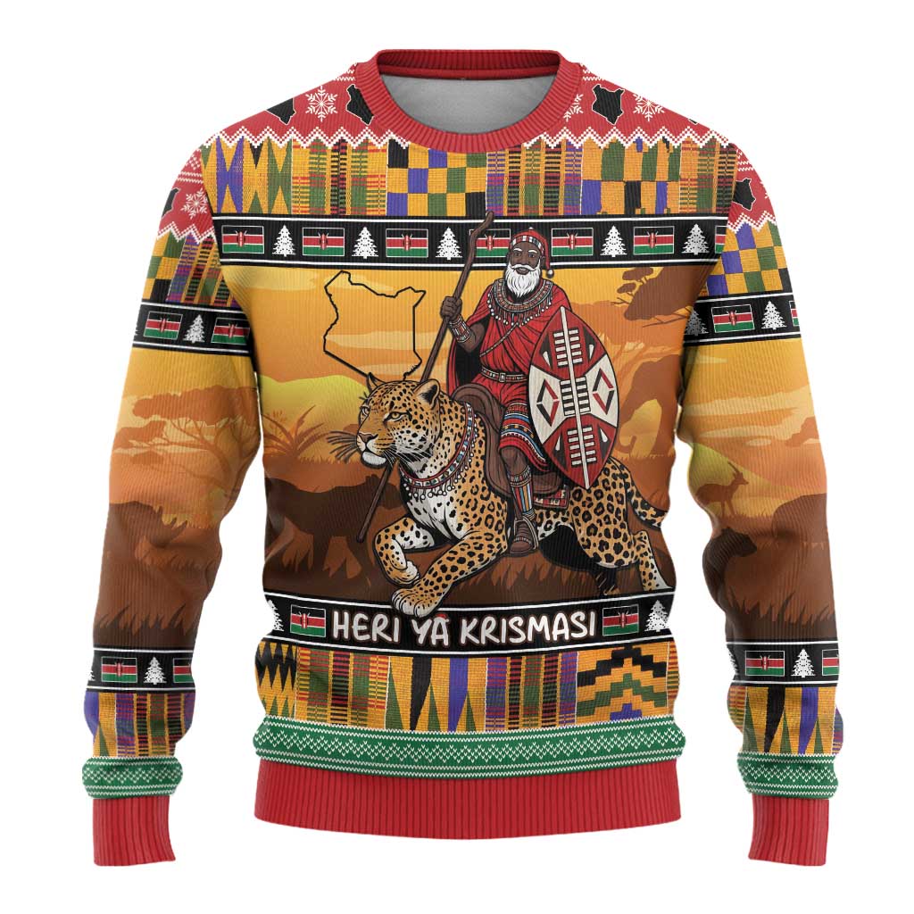 Afro Christmas in Kenya Safari Ugly Christmas Sweater Black Santa Riding Leopards - African Pride