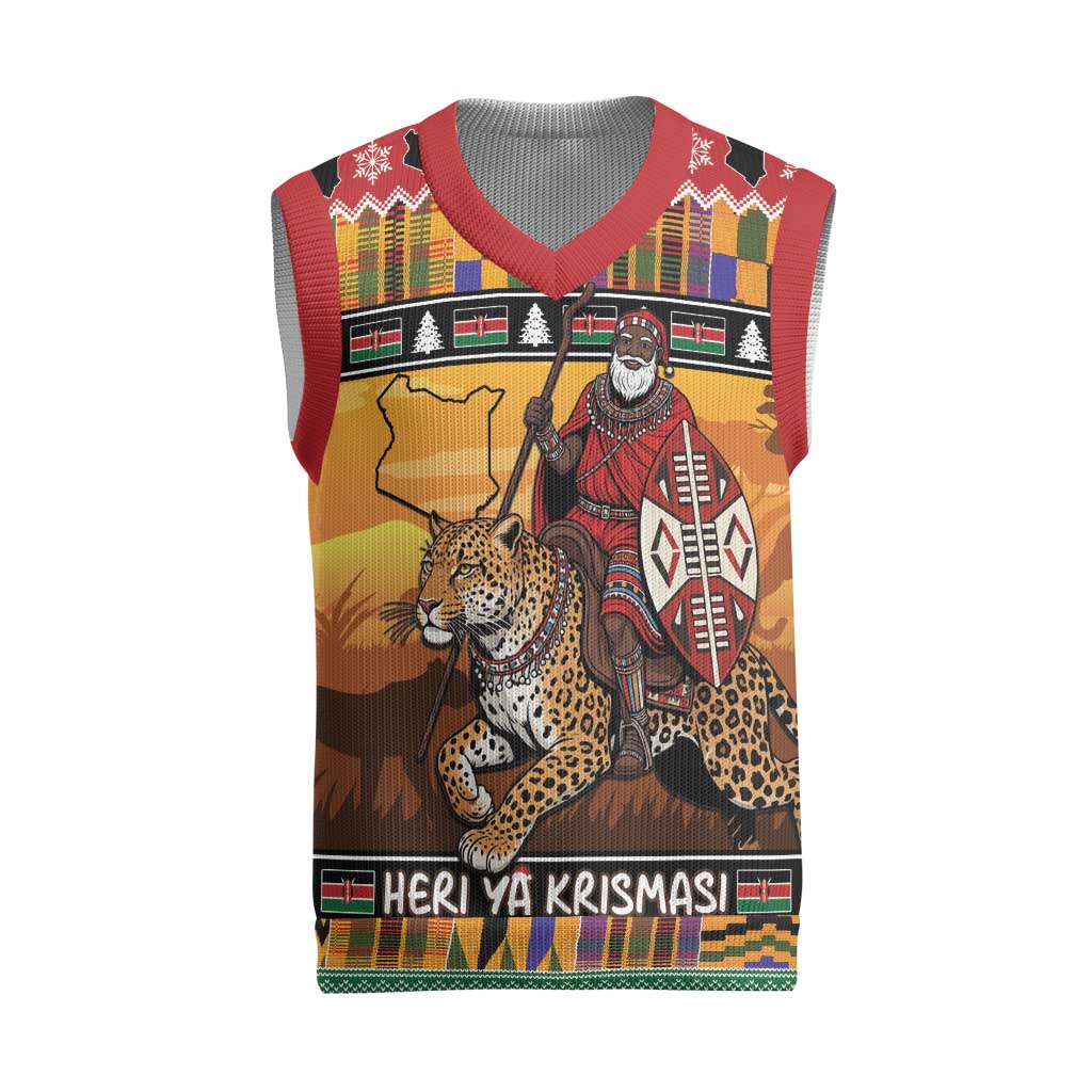 Afro Christmas in Kenya Safari Christmas Knitted V-Neck Vest Black Santa Riding Leopards - African Pride