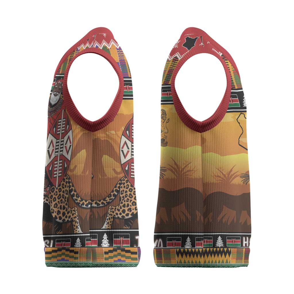 Afro Christmas in Kenya Safari Christmas Knitted V-Neck Vest Black Santa Riding Leopards - African Pride