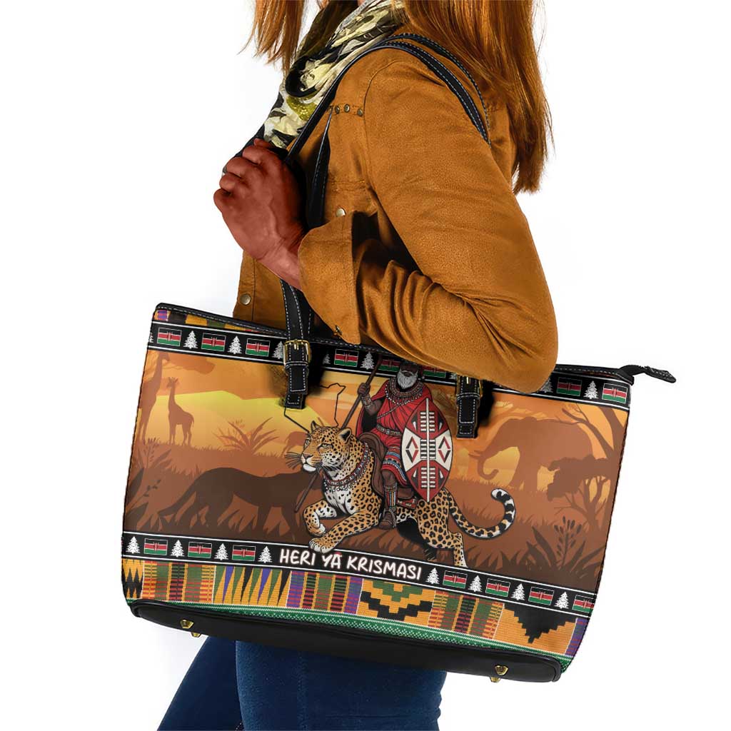 Afro Christmas in Kenya Safari Leather Tote Bag Black Santa Riding Leopards - African Pride