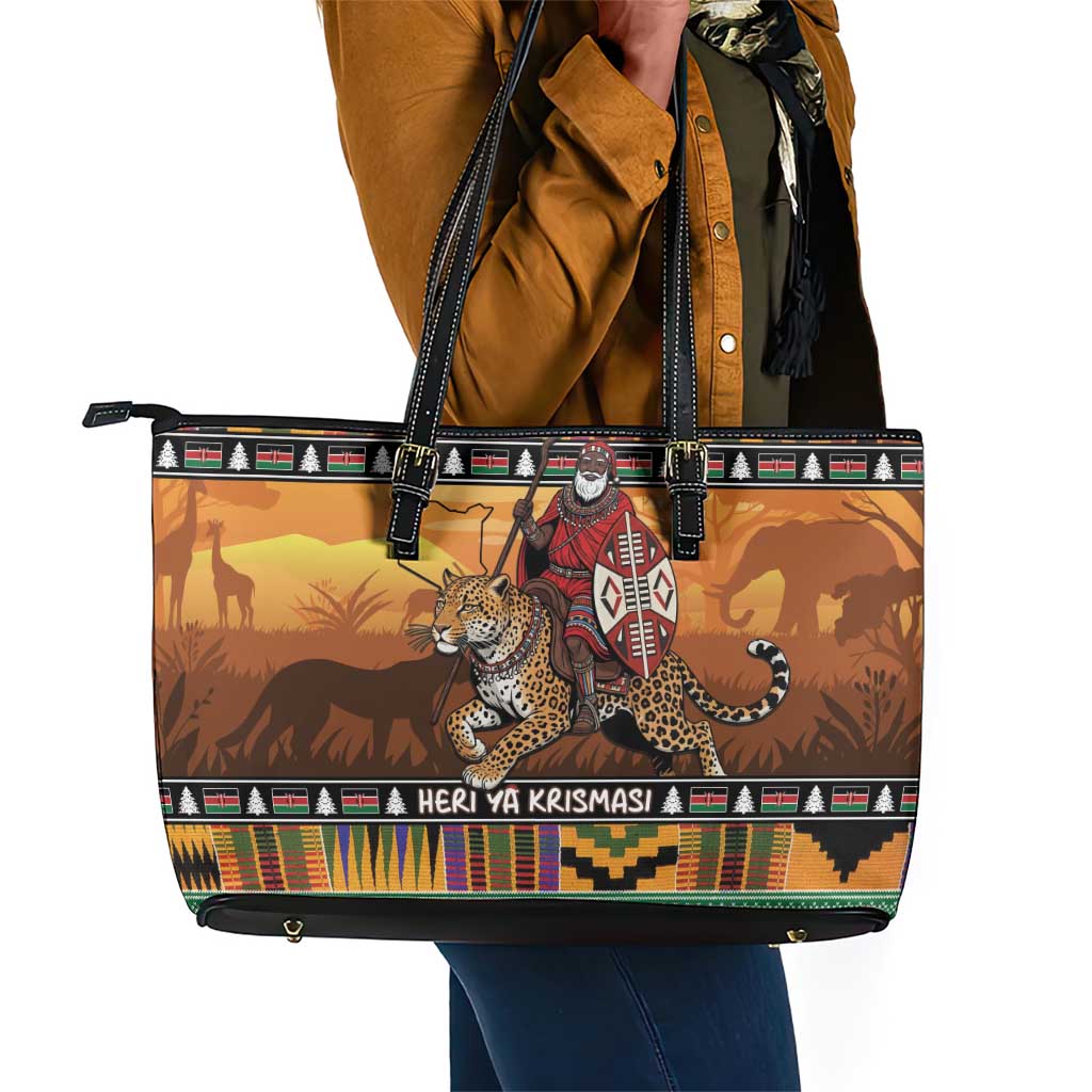Afro Christmas in Kenya Safari Leather Tote Bag Black Santa Riding Leopards - African Pride