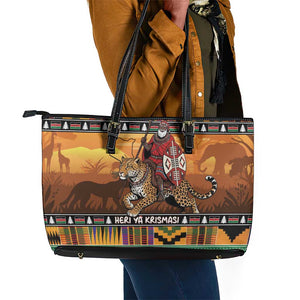 Afro Christmas in Kenya Safari Leather Tote Bag Black Santa Riding Leopards - African Pride