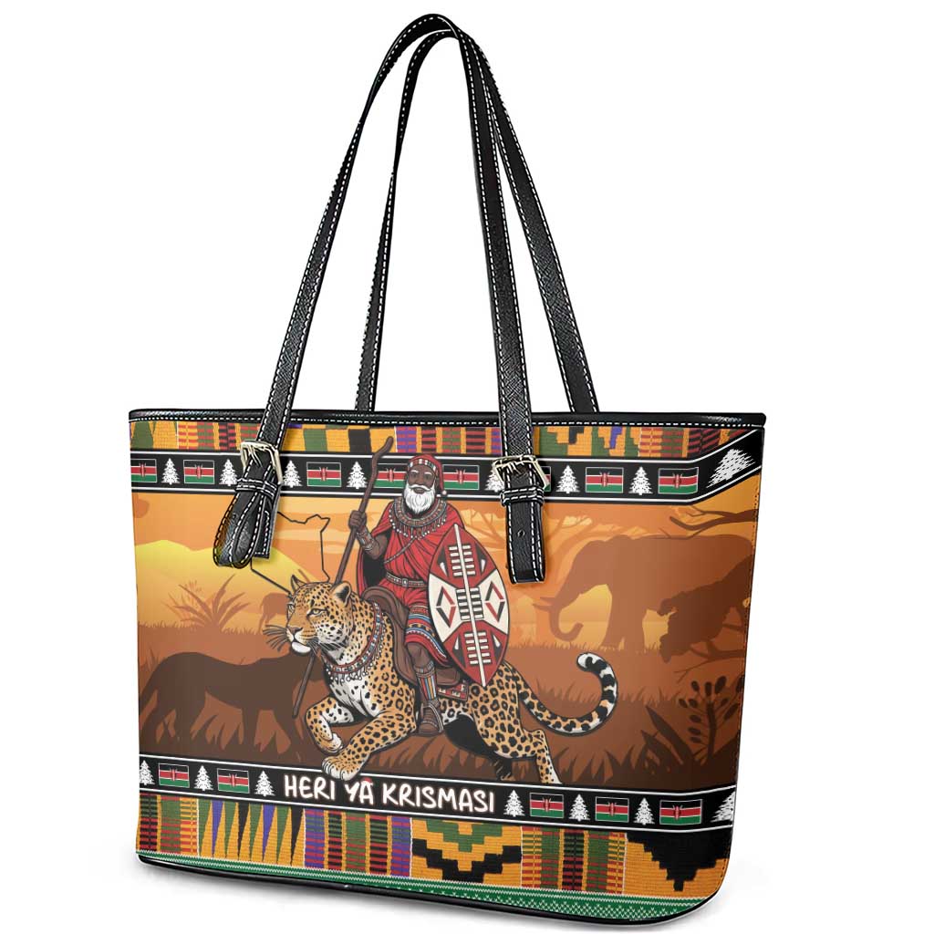 Afro Christmas in Kenya Safari Leather Tote Bag Black Santa Riding Leopards - African Pride