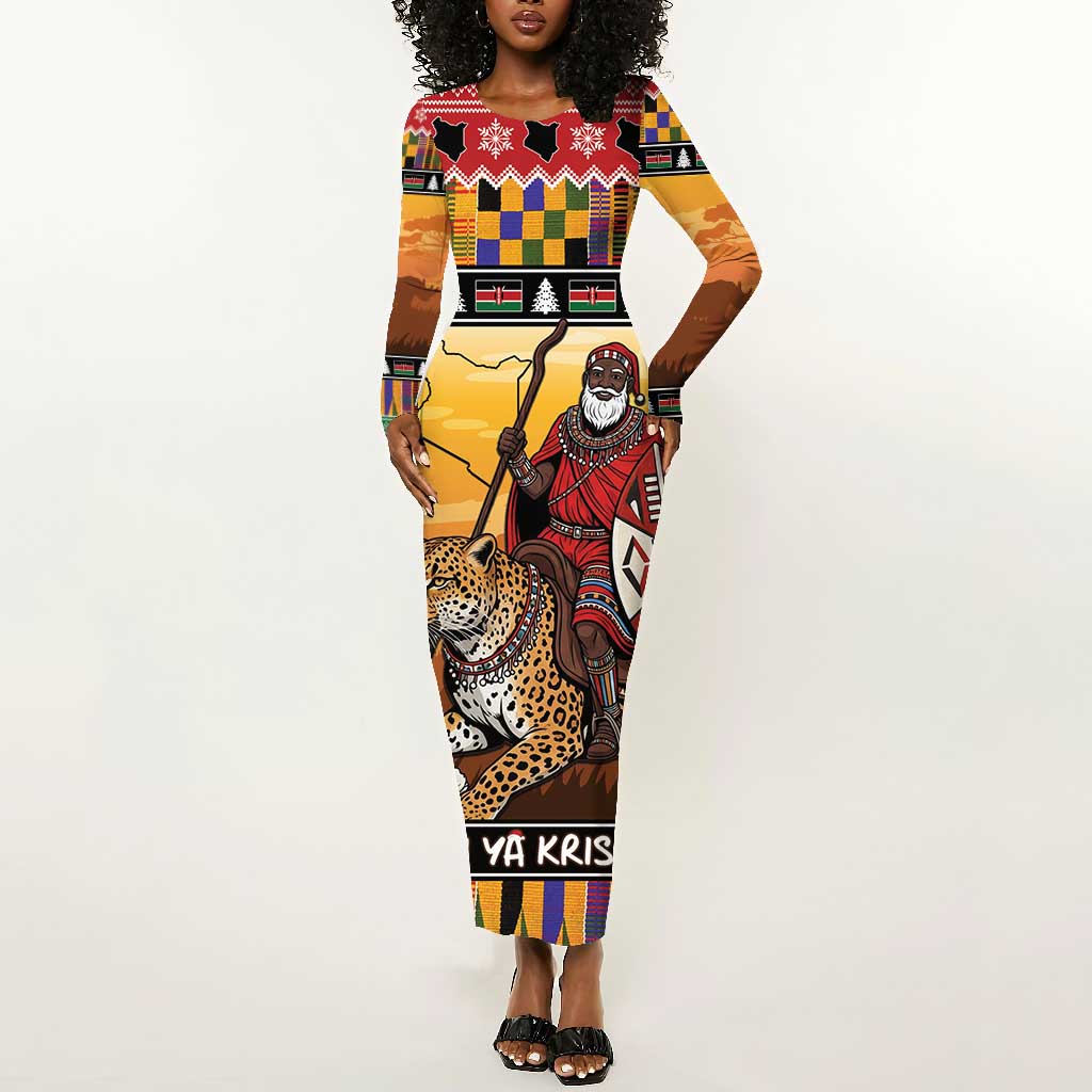 Afro Christmas in Kenya Safari Long Sleeve Bodycon Dress Black Santa Riding Leopards - African Pride