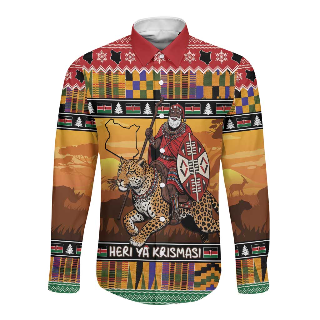 Afro Christmas in Kenya Safari Long Sleeve Button Shirt Black Santa Riding Leopards - African Pride