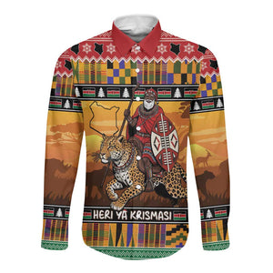 Afro Christmas in Kenya Safari Long Sleeve Button Shirt Black Santa Riding Leopards - African Pride