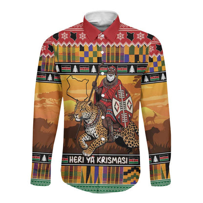 Afro Christmas in Kenya Safari Long Sleeve Button Shirt Black Santa Riding Leopards - African Pride
