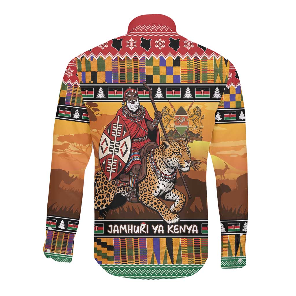 Afro Christmas in Kenya Safari Long Sleeve Button Shirt Black Santa Riding Leopards - African Pride