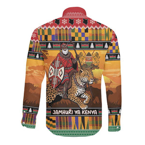 Afro Christmas in Kenya Safari Long Sleeve Button Shirt Black Santa Riding Leopards - African Pride