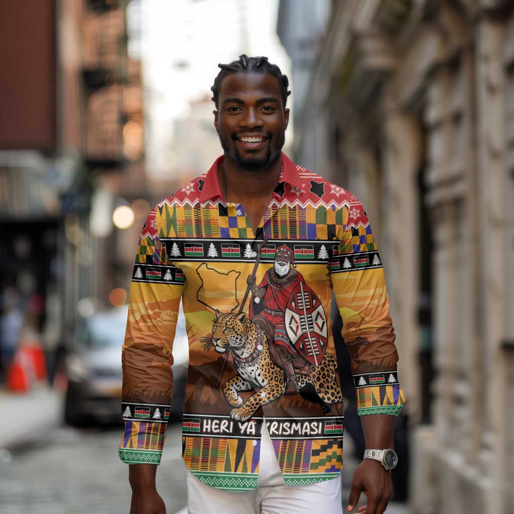 Afro Christmas in Kenya Safari Long Sleeve Button Shirt Black Santa Riding Leopards - African Pride