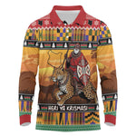 Afro Christmas in Kenya Safari Long Sleeve Polo Shirt Black Santa Riding Leopards - African Pride
