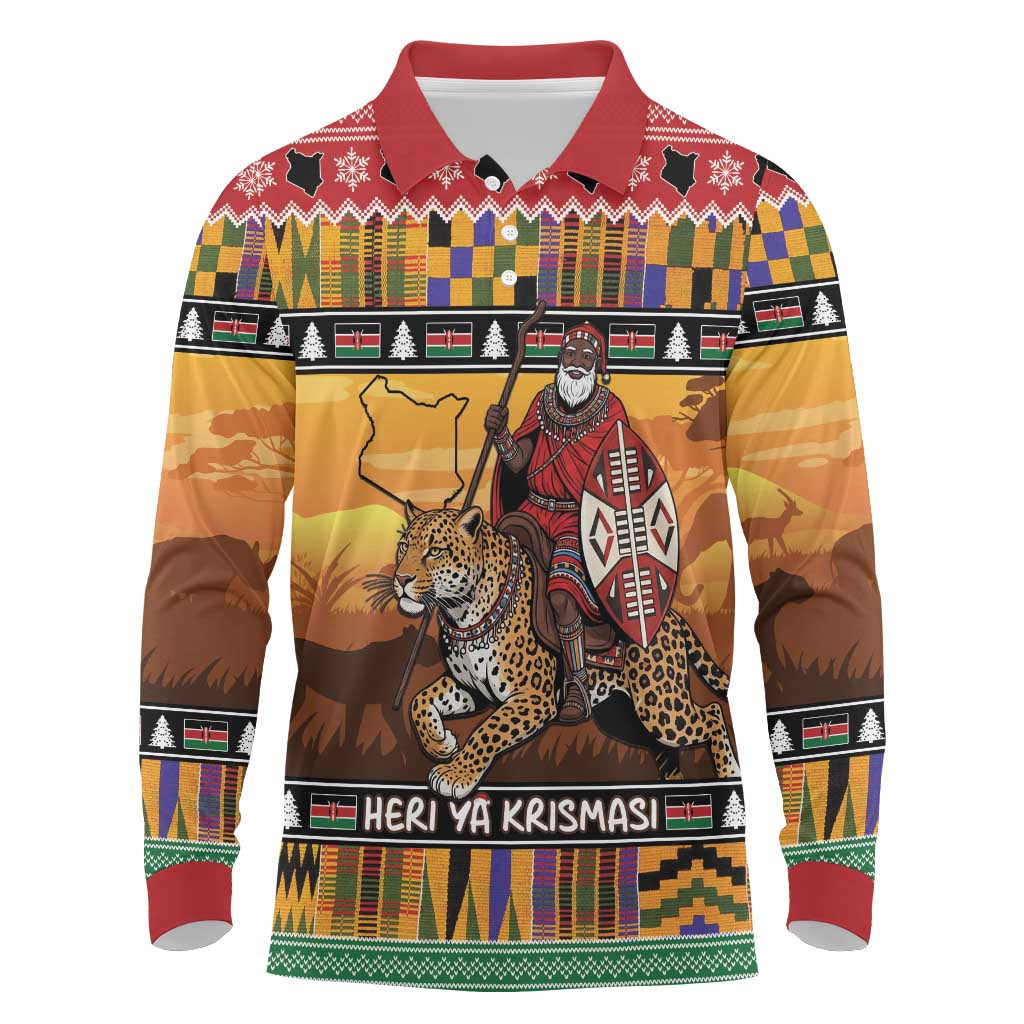 Afro Christmas in Kenya Safari Long Sleeve Polo Shirt Black Santa Riding Leopards - African Pride