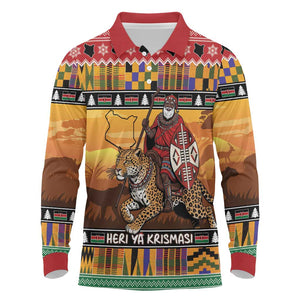 Afro Christmas in Kenya Safari Long Sleeve Polo Shirt Black Santa Riding Leopards - African Pride