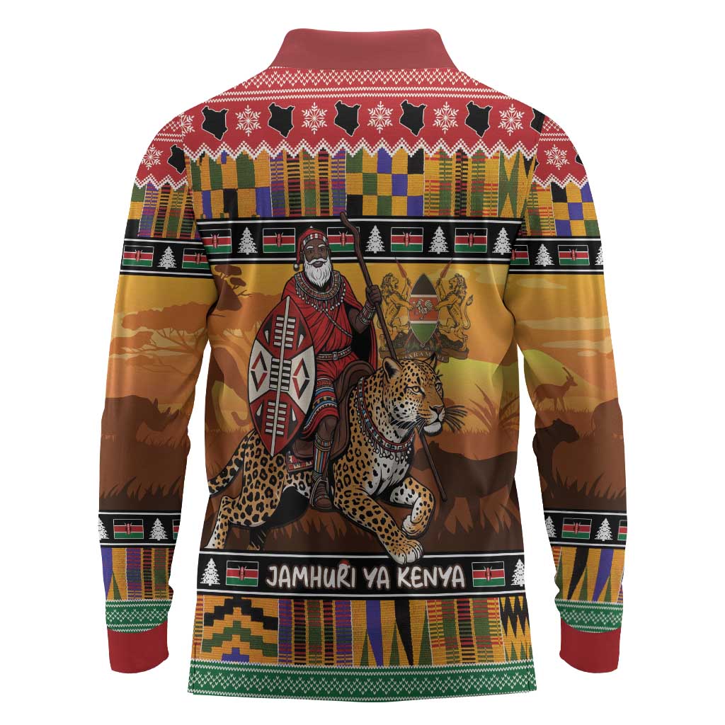 Afro Christmas in Kenya Safari Long Sleeve Polo Shirt Black Santa Riding Leopards - African Pride