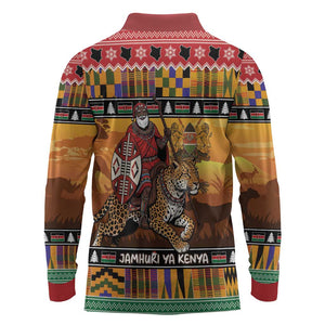 Afro Christmas in Kenya Safari Long Sleeve Polo Shirt Black Santa Riding Leopards - African Pride