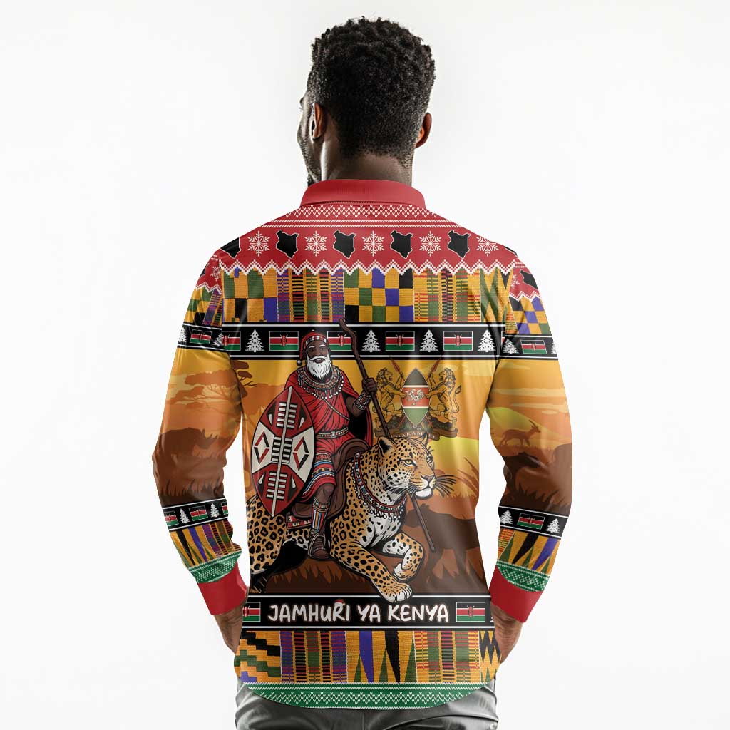 Afro Christmas in Kenya Safari Long Sleeve Polo Shirt Black Santa Riding Leopards - African Pride
